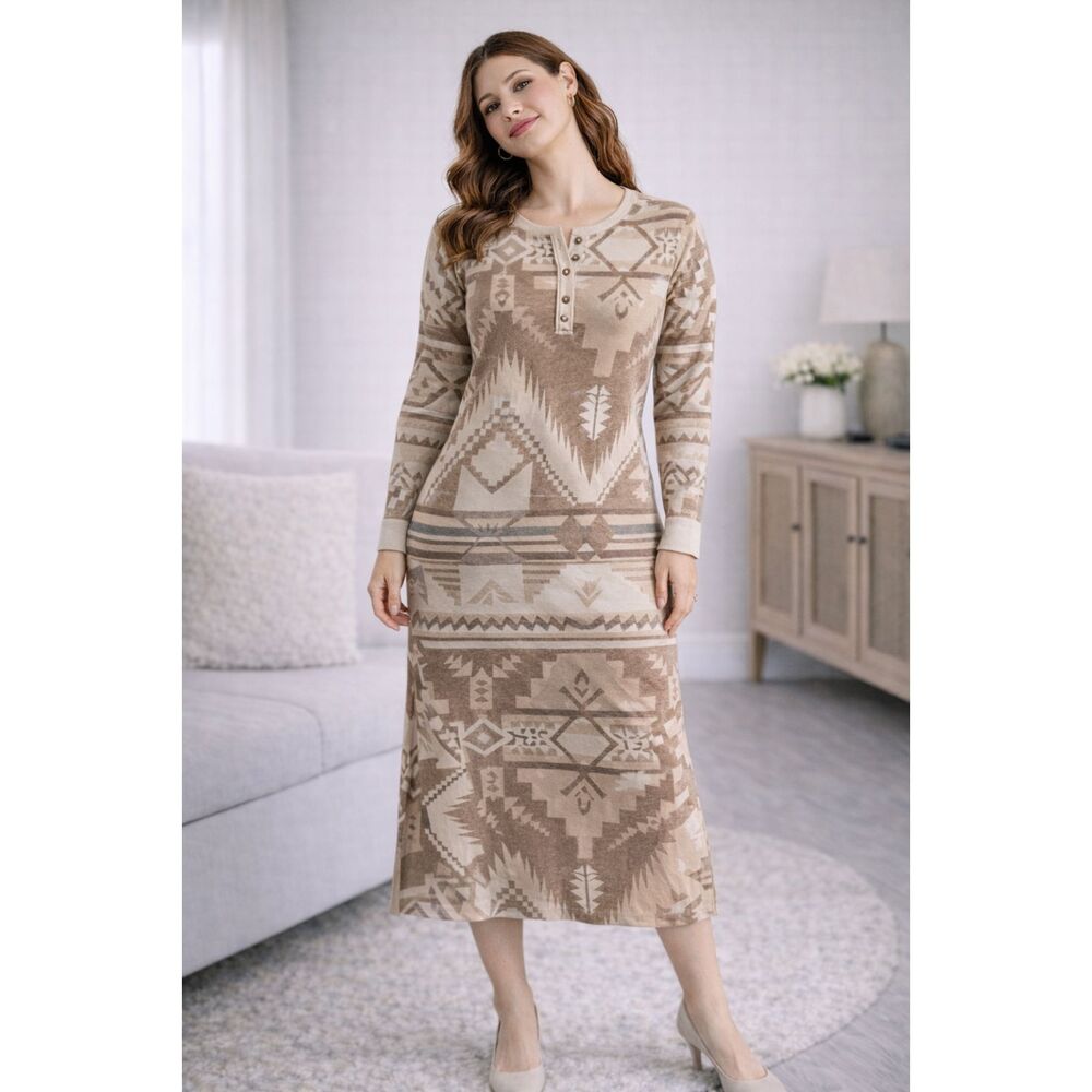 Polo Ralph Lauren Maxi Southwestern Aztec Beige MU Henley Dress XL